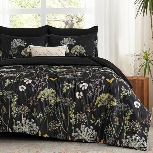 Yiran Floral Full Size Comforter Set, Black Dandelion Plant Botanical Comforter Bedding Set, 7 Piece Summer Bed in a Bag, Soft Microfiber Complete Bedding Set with Sheets for All Season