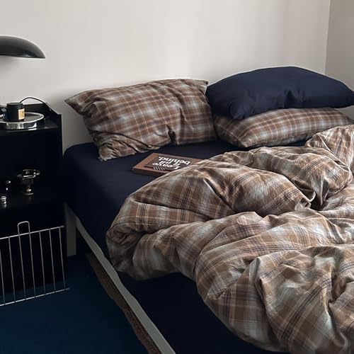 LifeTB Vintage Buffalo Plaid Duvet Cover Twin, Retro Brown&Blue Plaid Checkered Comforter Cover with 2 Pillowcases, 100% Washed Cotton Grid Duvet Cover Breathable Farmhouse Gingham Bedding Set
