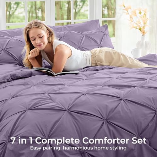 Sasttie California King Comforter Set, 7-Piece Bed in a Bag, Pintuck Bedding Sets for All Season, Includes Comforter, Flat Sheet, Fitted Sheet, Pillowcases and Pillowshams, New Purple