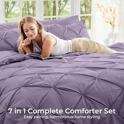 Sasttie California King Comforter Set, 7-Piece Bed in a Bag, Pintuck Bedding Sets for All Season, Includes Comforter, Flat Sheet, Fitted Sheet, Pillowcases and Pillowshams, New Purple