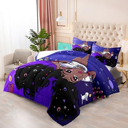 African American Comforter Sets, Black Girl Comforter Set Queen Cute Gilrs Bedding Set Purple Girls Bedroom Decor Comforter Sets with 1 Comforter +2 Pillowcase