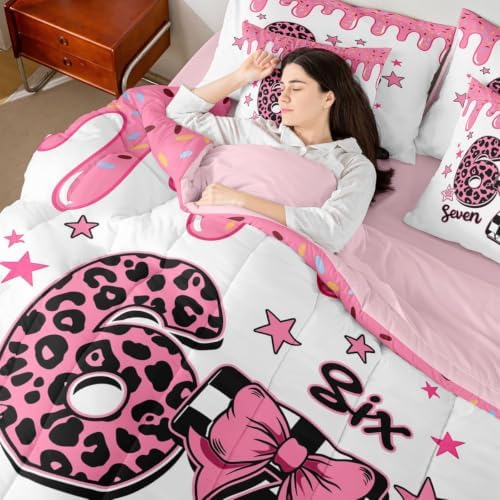 Erosebridal Cartoon 67 Bow Comforter Set King Size for Girls Leopard Print Plaid Number 7 Piece Bedding Set Girly Six Seven Cute Star Print Bed in A Bag Pink Ice Cream Drip Bed Set
