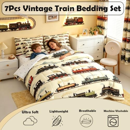 Feelyou Vintage Train Comforter Set Twin Size 7 Pcs Bedding Set Boys Girls