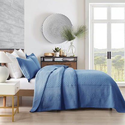 MarCielo 3-Piece 100% Cotton Oversized Bedspread Lightweight Quilt Coverlet Embroidery Farmhouse Bedding Set (TM Midtone Blue, Oversized King (118"x106"))