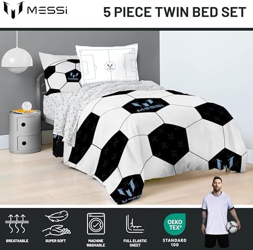 Messi Twin Comforter Set 5 Piece Kids Sports Bedding for Boys, White