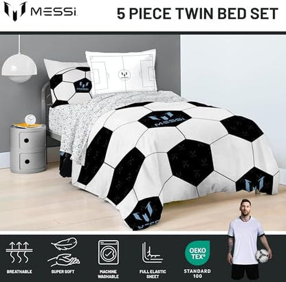 Messi Twin Comforter Set 5 Piece Kids Sports Bedding for Boys, White