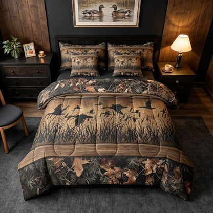 Erosebridal 7 Piece Camo Mallard Duck Comforter Set with Sheets for Kids Boys Men Rustic Farmhouse Cabin Bed in A Bag Queen,Hunting Woodland Duck Bedding Set Country Wood Board Animal Bed Set