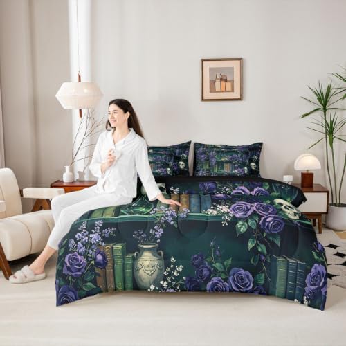Erosebridal Mysterious Bookshelf 7 Piece Bedding Set Queen Purple Rose Comforter Set with Sheets Halloween Skull Flowers Bed in a Bag Retro Wizard Green Potion Bed Sets Comforter
