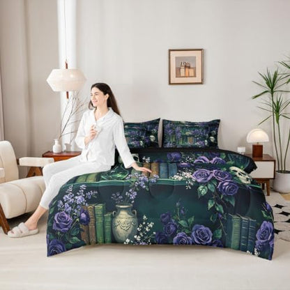 Erosebridal Mysterious Bookshelf 7 Piece Bedding Set Queen Purple Rose Comforter Set with Sheets Halloween Skull Flowers Bed in a Bag Retro Wizard Green Potion Bed Sets Comforter