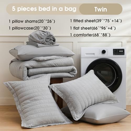 FreshCulture Twin Size Comforter Set Seersucker 5 Pieces, All Season Bedding Set Twin, Soft Bed in a Bag Comforter Set with Comforter, Flat Sheet, Fitted Sheet, Pillowcase and Pillow Sham, Light Grey