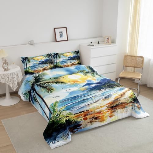 Homewish Tropical Beach Ocean Comforter Set King Size,Coconut Tree Bedding Set 3Pcs for Kids Girls Boys Teens Room Decor,Watercolor Coastal Quilt Set Blue Vintage Romantic Duvet Insert,2 Pillowcases