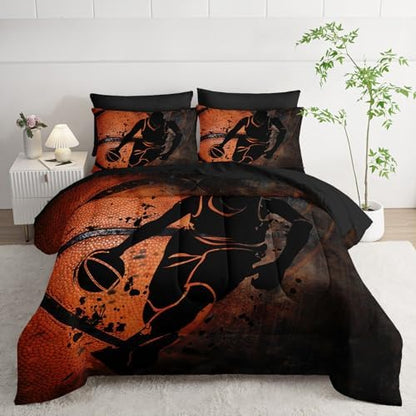 7Pcs Sports Comforter Set Basketball Printed Bedding Set with 1 Comforter, 1 Flat Sheet, 1 Fitted Sheet and 4 Pillowcases for Boys and Girls Bedroom (Basketball-2 King