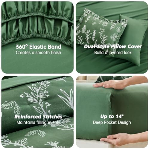 MUXHOMO Oversized King Comforter Set, Dark Green Elegant Floral Print Bed in a Bag 7 Pieces, Soft & Breathable Reversible Botanical Pattern Bedding Set with Comforter, Sheets, Pillowcases & Shams