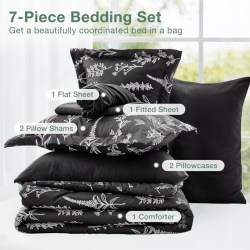 MUXHOMO Black California King Comforter Set, Elegant Floral Print Bed in a Bag 7 Pieces, Ultra Soft & Breathable Reversible Botanical Pattern Bedding Set with Comforter, Sheets, Pillowcases, and Shams