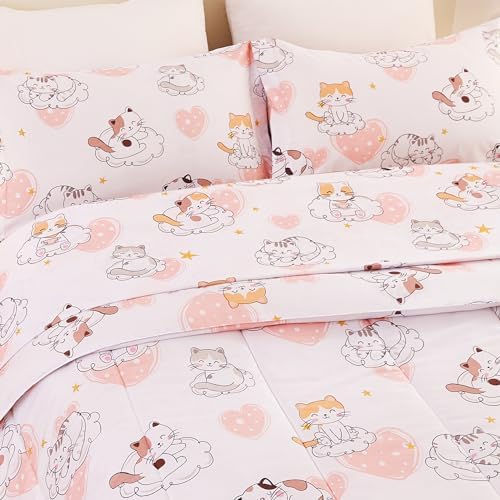 Yibeizi Cat Kids Full Bed Comforter Set for Girls Kitty Bedding