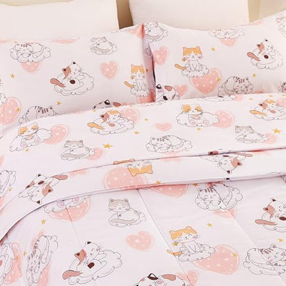 Yibeizi Cat Kids Twin Bed Comforter Set for Girls Kitty Bedding