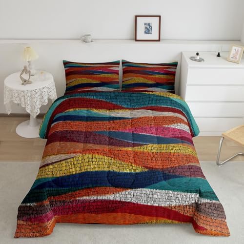 Castle Fairy Rainbow Embroidered Waves Boys Girls Comforter Set Full Size,Bohemian Wavy Duvet Set Teens Bedroom Decor,Geometric Tribal Ethnic Microfiber Soft Bedding 3PCS