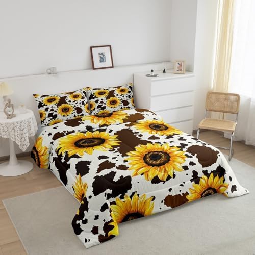 Sunflower Cow Comforter Set for Kids Girls Boys,Rustic Cowhide Brown Bedding Set with Yellow Floral Ultra Soft,Twin Size Wildlife Farmhouse Cow Duvet Insert Abstract Milk Cow Bedding Collections 2pcs
