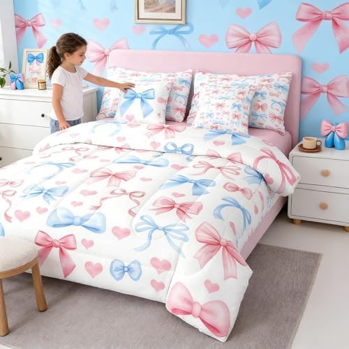Erosebridal Princess Bow Queen Comforter Set with Sheets | Pink Bow Tie 7-Piece Bedding Set Blue Ribbon Bowknot Bed in a Bag, Girly Kawaii Love Hearts Bed Sets