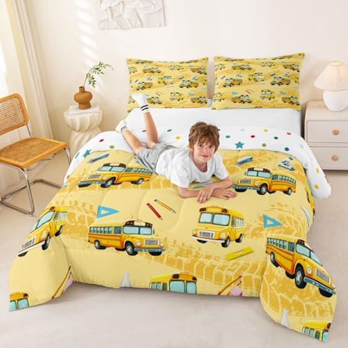 Feelyou School Bus Comforter Set Full Size Cartoon Truck Bedding Set for Kids Boys Girls Yellow Transport Vehicles Duvet Quilt Bedroom Decor Microfiber 3 Pcs with 2 Pillow Cases