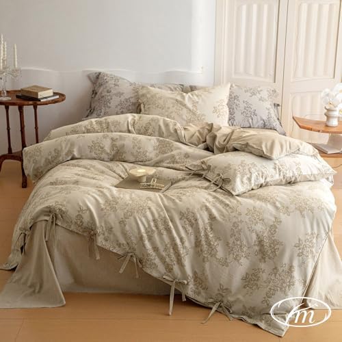 VM VOUGEMARKET Linen Cotton Duvet Cover Set King Retro Monet Flower Fall Bedding Set,Jacquard Yarn-Dyed Textured Comforter Cover with Bowknot-104 x90,Khaki