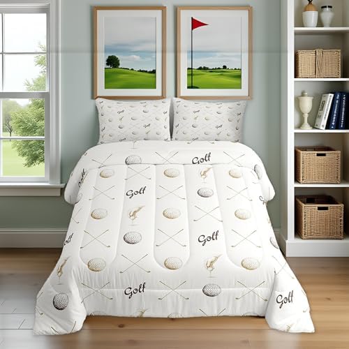Golf Comforter Set Twin Size for Kids Teens Adults Men Home Room Decor,Ball Sports Game Lovers Bedding Set 2pcs,Gray Brown Sketch Golf Quilt Set Seasons Soft Duvet Insert with 1 Pillowcase
