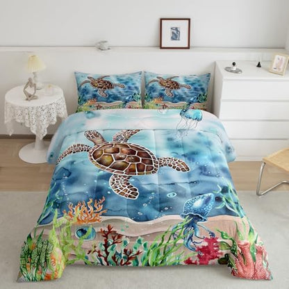 Sea Turtle Comforter Set Twin Size Ocean Themed Bedding for Boys Ghirls Marine Animals Bedding Comforter Sets Sea Horse Octopus Jellyfish Print Duvet Insert 2 Pcs Seaweed Decor Turtle Quilt