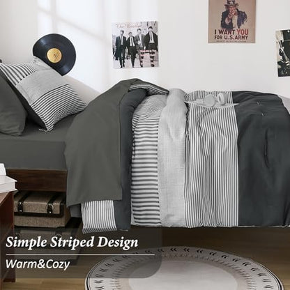Kids Comforter Sets for Boys&Girls,Dark Gray Striped Comforter Twin Size