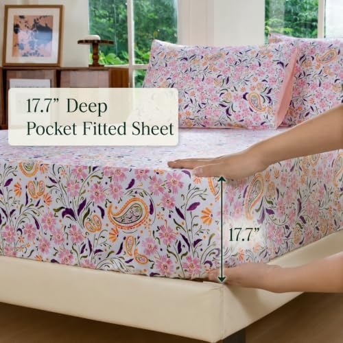 FADFAY Twin Pink Paisley 100% Egyptian Cotton Sheets Set 4 Piece, Vintage Botanical Cottagecore Bedding, Luxury Breathable Boho Floral Farmhouse Bedding with Deep Pocket Fitted Sheet for All Seasons