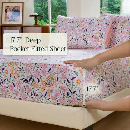 FADFAY Twin Pink Paisley 100% Egyptian Cotton Sheets Set 4 Piece, Vintage Botanical Cottagecore Bedding, Luxury Breathable Boho Floral Farmhouse Bedding with Deep Pocket Fitted Sheet for All Seasons