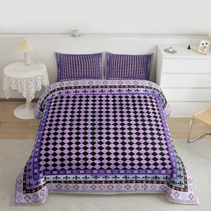 jejeloiu Check Checkered Comforter Set Twin Size Plaid Damask Floral Bedding Set for Kids Boys Girls Geometric Checkerboard Duvet Quilt Grid Bedroom Decor Microfiber 2 Pcs with 1 Pillow Cases
