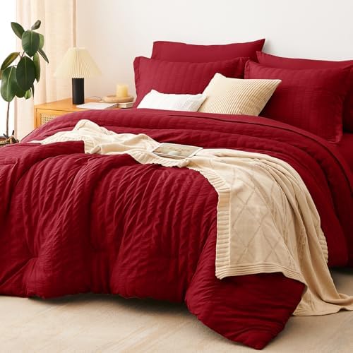 CozyLux Oversized King Comforter Set 120x98 in, 7-Piece Dark Red Seersucker