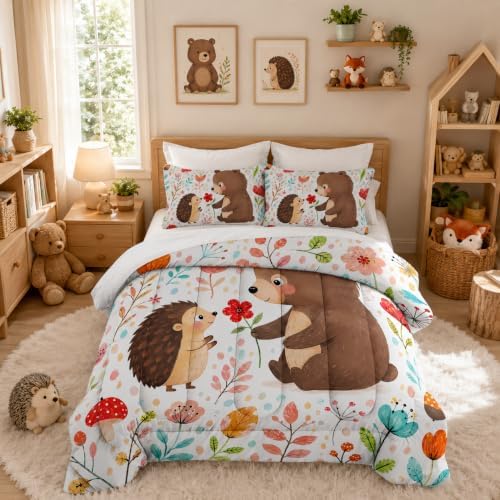 Cute Bear Hedgehog Queen Size Comforter Set with 2 Pillowcases.