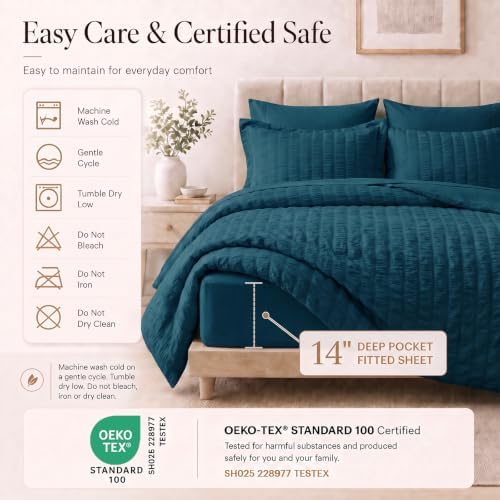CozyLux Queen Comforter Set, 7 Pieces Lyons Blue Seersucker Bed in a Bag
