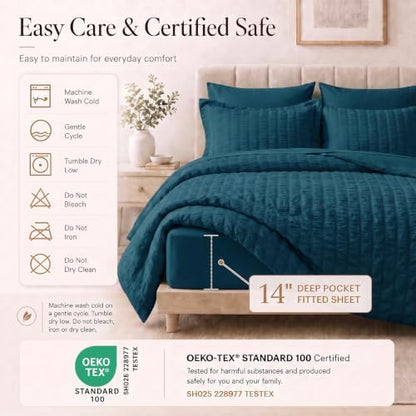 CozyLux Queen Comforter Set, 7 Pieces Lyons Blue Seersucker Bed in a Bag