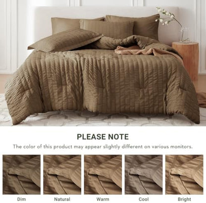 MUXHOMO 7 Pieces California King Comforter Set, Seersucker Bed in a Bag Cal King Size, All Season Luxury Bedding Set with Comforter, Flat Sheet, Fitted Sheet, Pillowcases & Shams, Brown