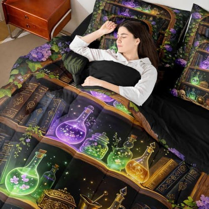Erosebridal Witchcraft Library 7 Pcs Bedding Set Queen Gothic Bookshelf Skull Comforter Set with Sheets Mysterious Spooky Halloween Bed in a Bag Wizard Antique Bookcase Vintage Bed Sets Comforter