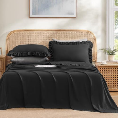 ROSE&RISY Queen Ruffle Sheet Set 4 Piece - Black Soft Lightweight Microfiber Bedding with Deep Pocket, Breathable Ruffled Flat Sheet & Pillowcases (Black, Queen Size)