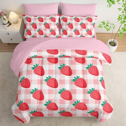 7Pcs Comforter Set Cartoon Strawberry Pink White Checkered Printed Bedding Set with 1 Comforter,1 Flat Sheet,1 Fitted Sheet,4 Pillowcases Bedroom All Season(Twin)
