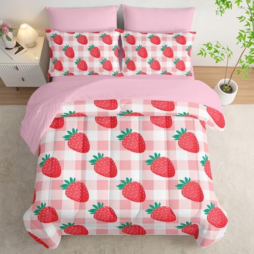 7Pcs Comforter Set Cartoon Strawberry Pink White Checkered Printed Bedding Set with 1 Comforter,1 Flat Sheet,1 Fitted Sheet,4 Pillowcases Bedroom All Season(Queen)