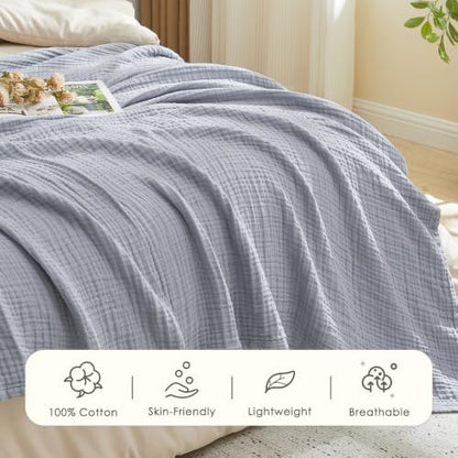 EMME Muslin Blankets for Adults Throw Blanket for Couch Breathable Gauze Soft Lightweight Airy Dusty Blue Super King 120" x 94"