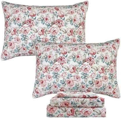 FADFAY Rose Floral Sheets Set King Vintage Red Floral Bedding Shabby Rustic Rose Sheets French Country Farmhouse Bedding 800 Thread Count 100% Egyptian Cotton Deep Pocket Fitted Sheet 4Pcs, King Size