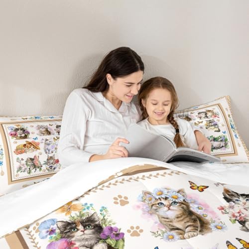 Cute Cats Kids Comforter Set Queen Size,Cartoon Animal Paws Print Toddler Bedding Set,Girls Boys Adults Room Decor,Butterfly Flowers Romantic Down Comforter,Bright Lovely Duvet Insert,2 Pillowcases
