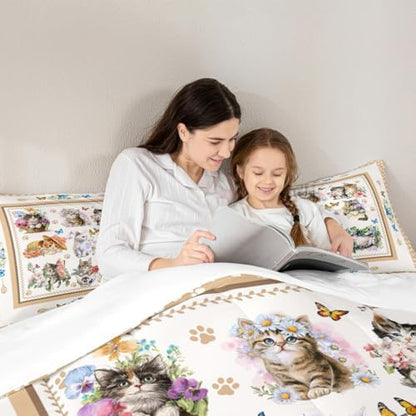 Cute Cats Kids Comforter Set Queen Size,Cartoon Animal Paws Print Toddler Bedding Set,Girls Boys Adults Room Decor,Butterfly Flowers Romantic Down Comforter,Bright Lovely Duvet Insert,2 Pillowcases