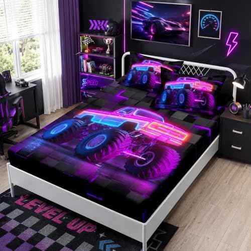 HOSIMA Boys Neon Truck Twin Fitted Sheet,1 Fitted Sheet+2 Pillowcases.