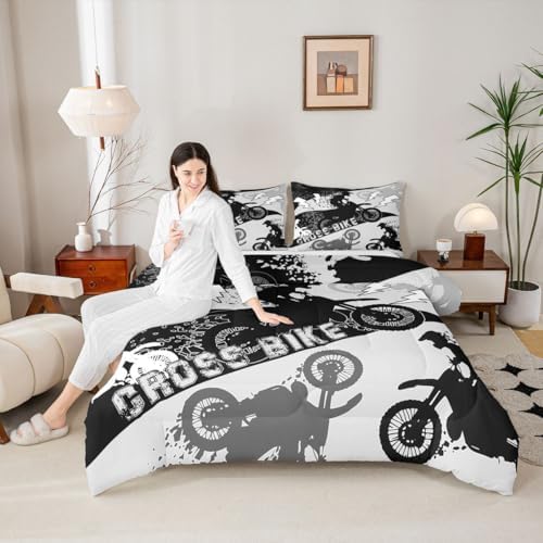 Erosebridal Boys Dirt Bike Comforter Set King Dirtbike Bedding Set Motocross Room Decor for Boys Kids Men Adult,Rider Motorcycle Bed Set Cool Extreme Sports Comforter Sets 3Pcs,White Black
