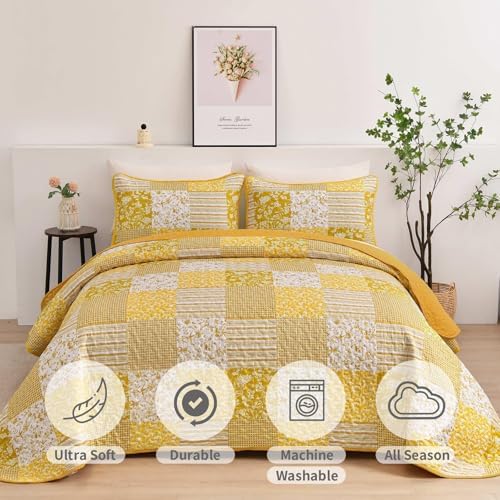 Mybedsoul Yellow Boho Quilt Twin Size, Floral Bedspread Dorm Bedding