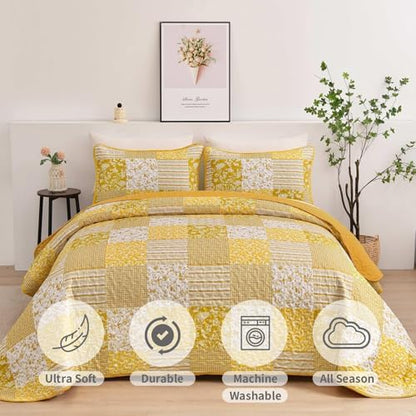 Mybedsoul Yellow Boho Quilt Twin Size, Floral Bedspread Dorm Bedding