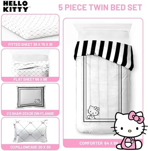 Sanrio Hello Kitty Twin Comforter Set 5 Piece Bedding for Girls, White
