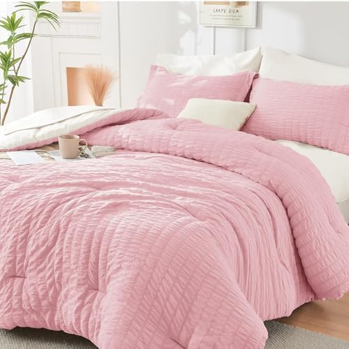 HYMOKEGE Pink/Ivory California King Comforter Set Seersucker 7 Pieces, All Season Luxury Bed in a Bag for Bedroom, Bedding Set with Comforter, Sheets, Pillowcases & Shams